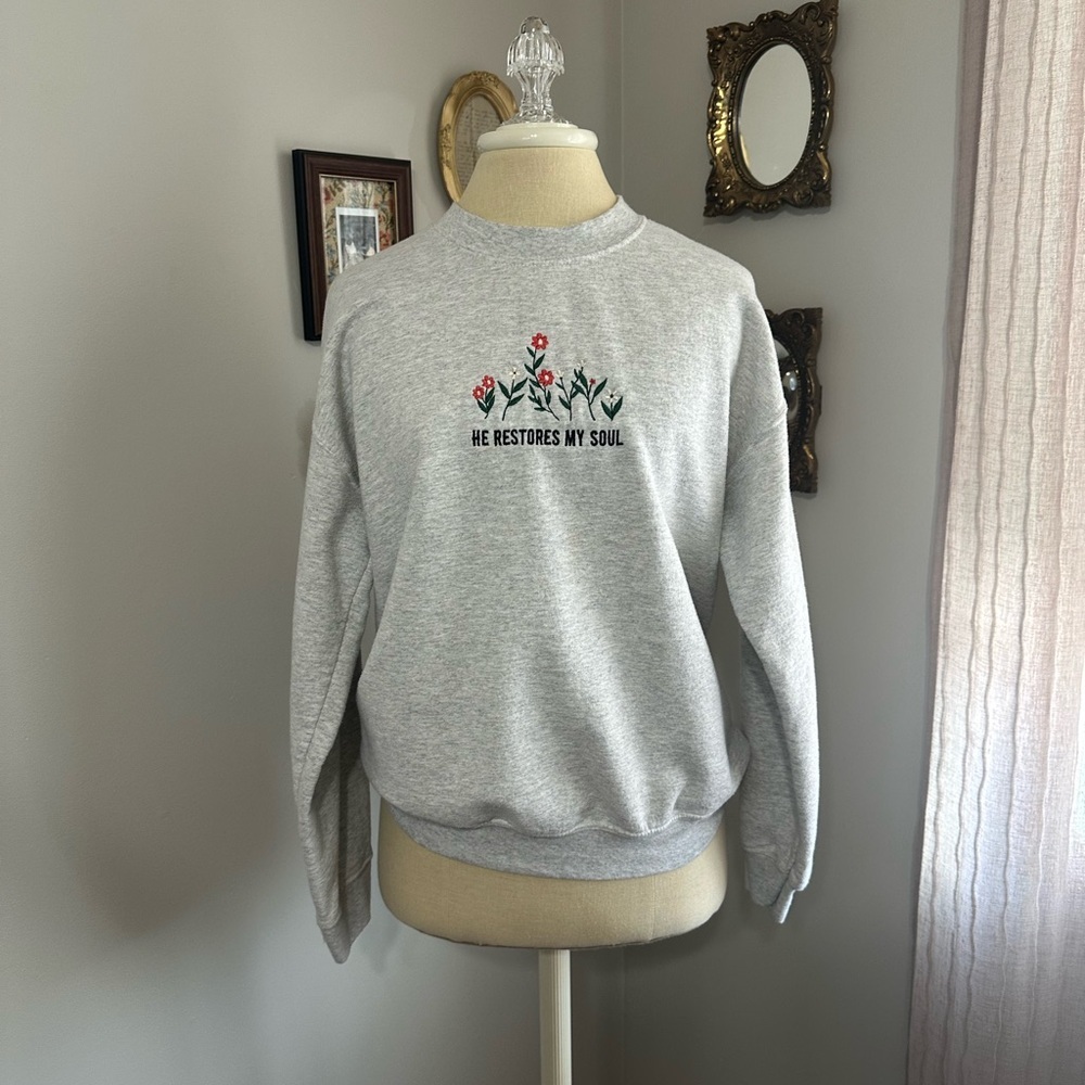 Gildan Heather Light Gray Embroidered Crewneck